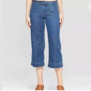 Universal Thread High Rise Wide Leg Crop Jeans Belted Medium Wash Stretchy 6/28